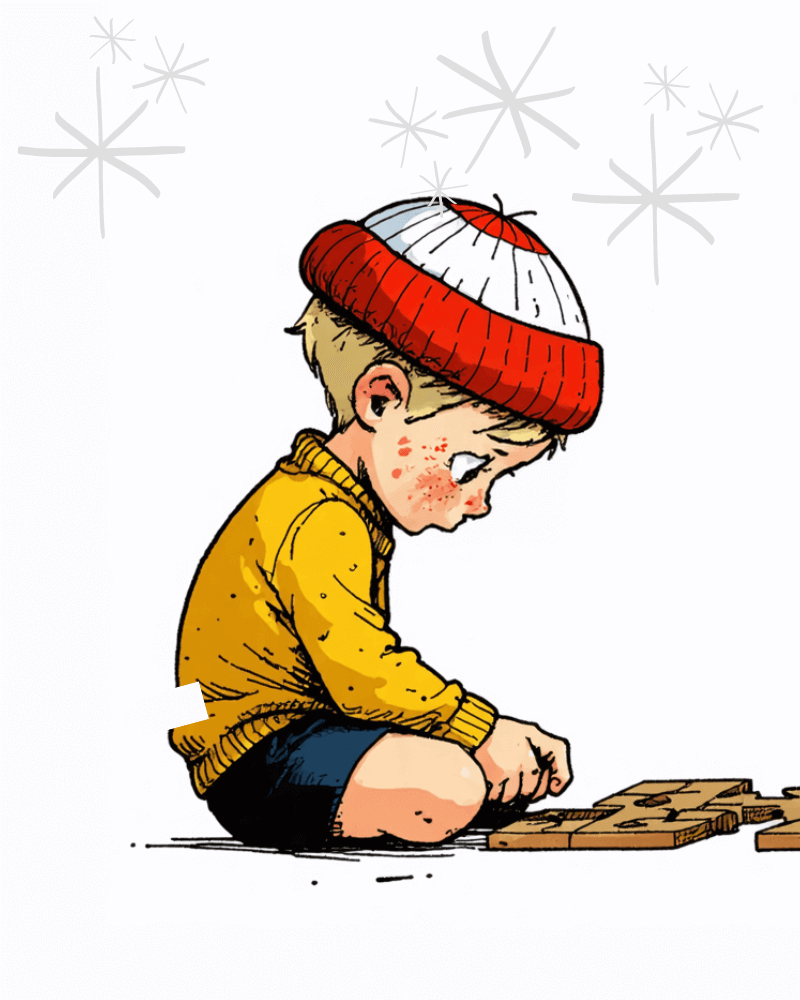 This illustration depicts a young child sitting on the ground, deeply focused on assembling wooden puzzle pieces. The child wears a red-and-white knit hat and a warm yellow sweater, evoking a cozy and thoughtful mood. The neutral background with subtle star-like patterns adds a whimsical, wintery charm to the image, emphasizing the child’s concentration and the quiet moment of play.