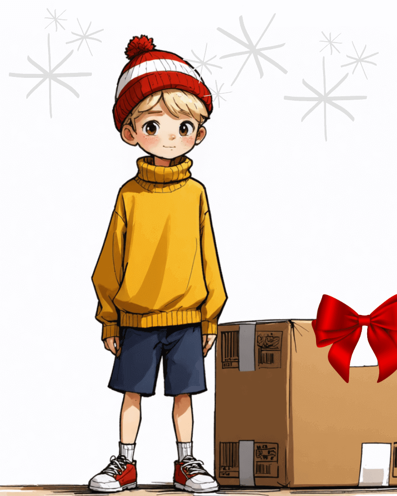 This illustration features a young child standing next to a large cardboard box adorned with a vibrant red bow, suggesting it is a gift. The child wears a bright yellow turtleneck sweater, navy shorts, red sneakers, and a festive red-and-white knit hat with a pom-pom. The neutral background, accented with subtle starburst patterns, keeps the focus on the child and the present, creating a warm and curious atmosphere.