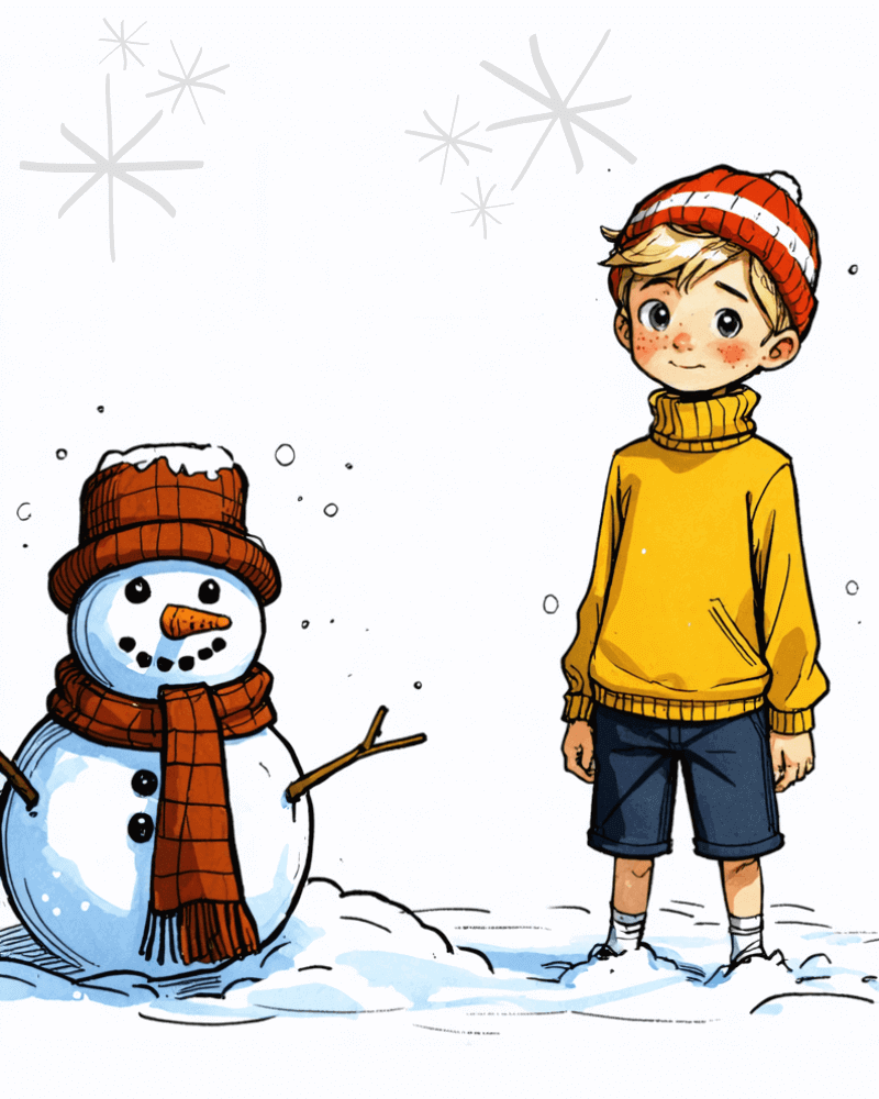 This illustration shows a cheerful winter scene featuring a child standing beside a snowman. The child, dressed in a yellow turtleneck sweater, navy shorts, red sneakers, and a red-and-white knit hat, smiles gently. The snowman is adorned with a cozy brown hat and matching scarf, with stick arms, coal eyes, and a carrot nose. Subtle snowflakes and starburst accents in the background add to the festive and playful winter atmosphere.