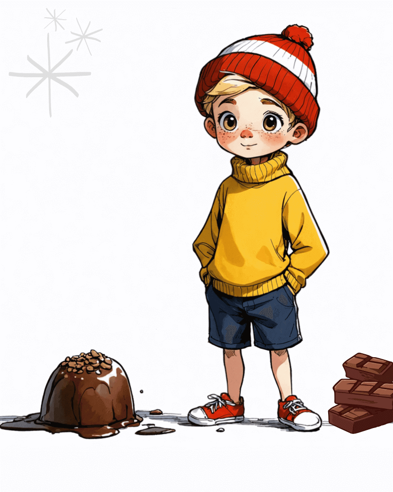 This illustration features a child standing beside a delicious-looking chocolate dessert and a stack of chocolate bars. The child wears a cozy yellow turtleneck sweater, navy shorts, red sneakers, and a festive red-and-white knit hat with a pom-pom. The dessert appears rich and gooey, topped with nuts, while a few drops of melted chocolate have spilled around it. The minimal background, accented with subtle star-like patterns, keeps the focus on the child and the indulgent treats, creating a warm and sweet atmosphere.