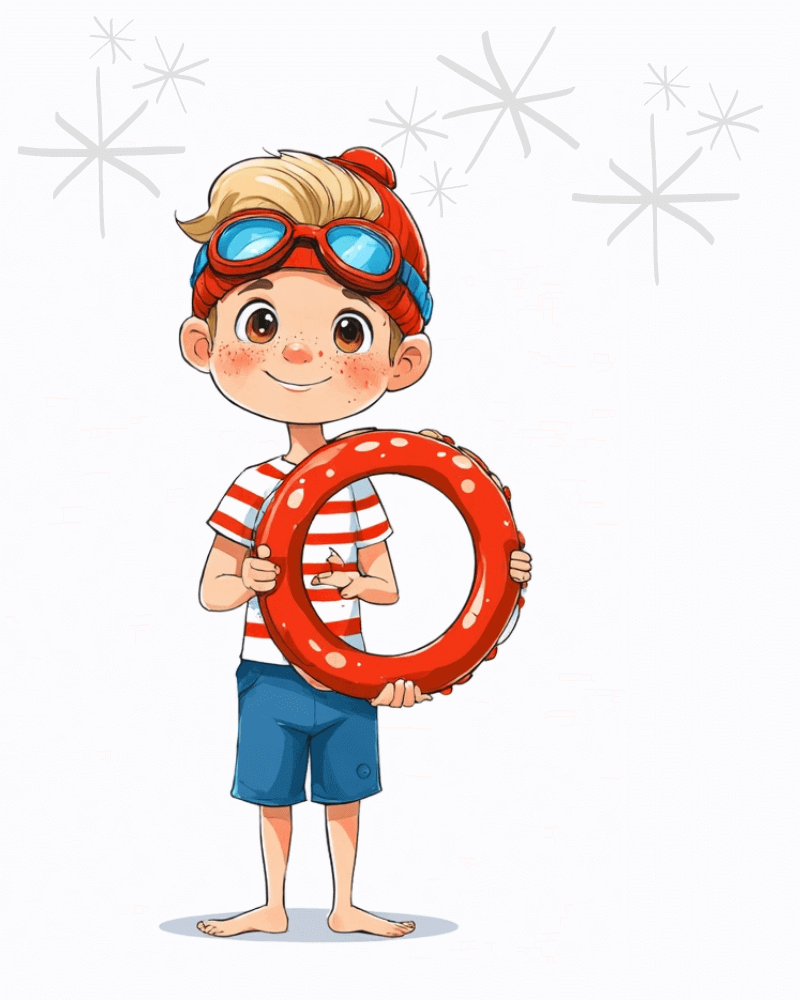 This illustration features a cheerful child dressed for summer fun, holding a red lifebuoy. The child wears a red-and-white striped shirt, blue shorts, and a red knit cap with goggles perched on their forehead, suggesting they’re ready for a day at the beach or pool. The neutral background, accented with whimsical starburst patterns, emphasizes the playful and adventurous tone of the scene.