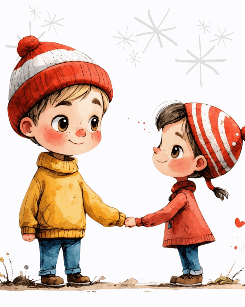 This charming illustration depicts two children holding hands and sharing a warm, joyful connection. The child on the left wears a yellow turtleneck sweater, blue jeans, a red-and-white knit hat, and brown boots. The child on the right is dressed in a red sweater, blue jeans, a matching red-and-white striped knit hat, and brown boots. They exchange smiles, creating a heartwarming and festive atmosphere. Subtle starburst patterns and small heart details in the background add a touch of whimsy to the scene. The earthy tones of the ground beneath their feet balance the cozy and cheerful vibe.