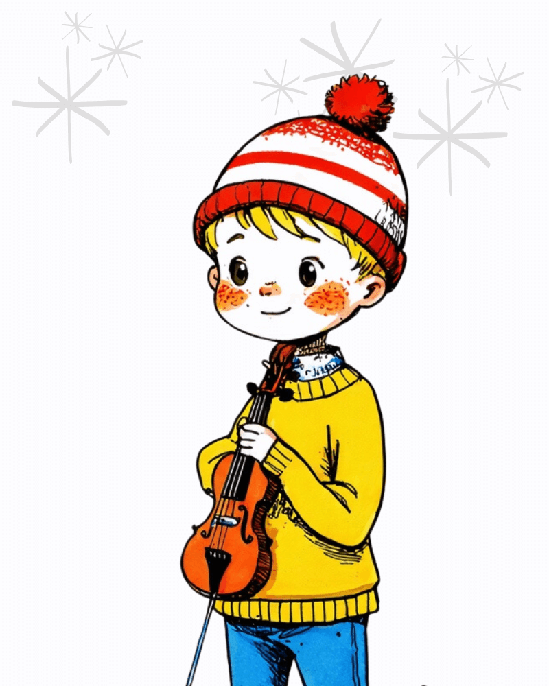 This illustration depicts a cheerful child holding a small violin. The child is dressed warmly in a yellow sweater, blue pants, and a red-and-white striped knit hat with a pom-pom. Their gentle smile and rosy cheeks create a cozy and festive atmosphere. Subtle starburst patterns in the background add a touch of magic and whimsy to the scene.